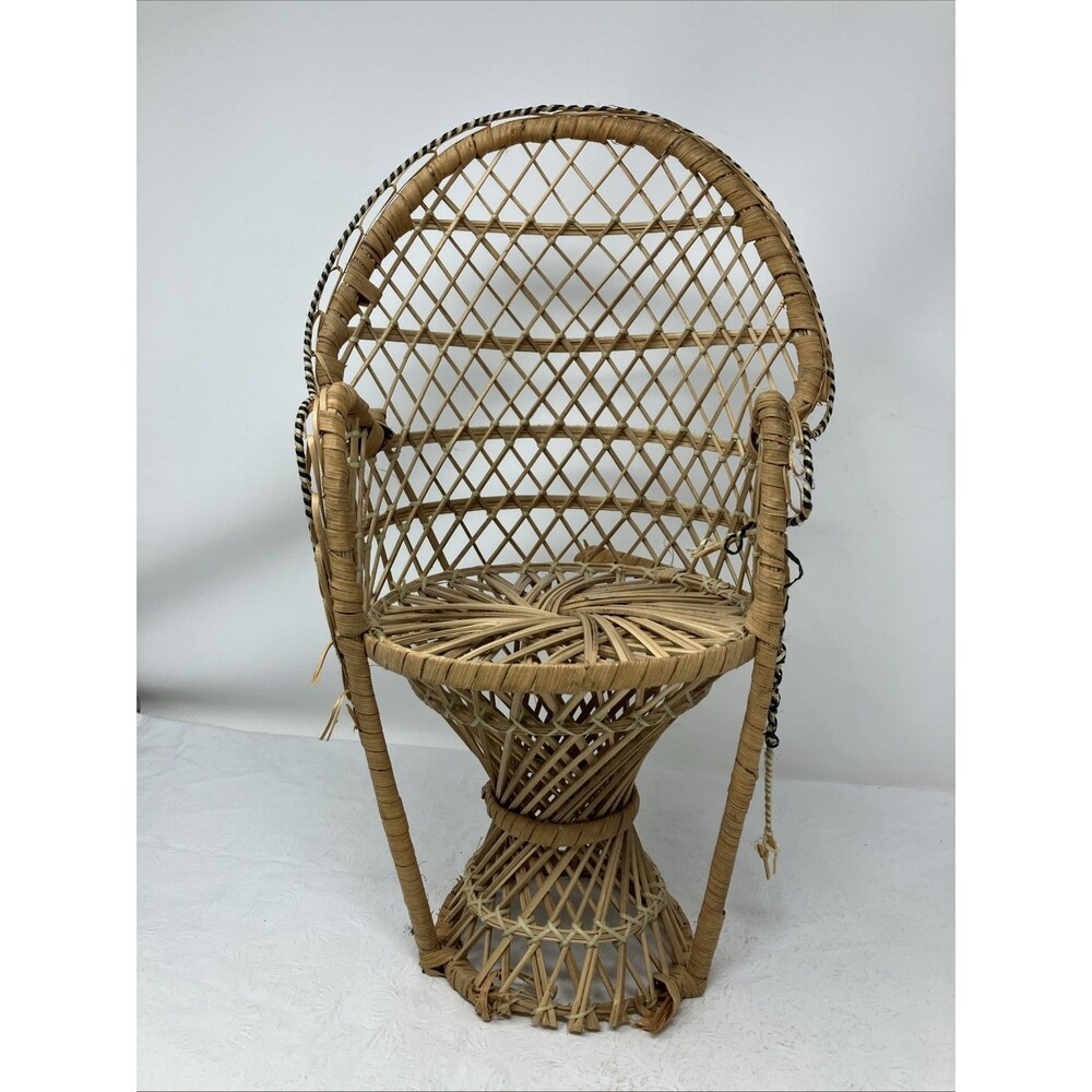 Mini Peacock Wicker Chair Rattan Fan Back 16” Doll Plant Stand FLAWED Boho Decor
